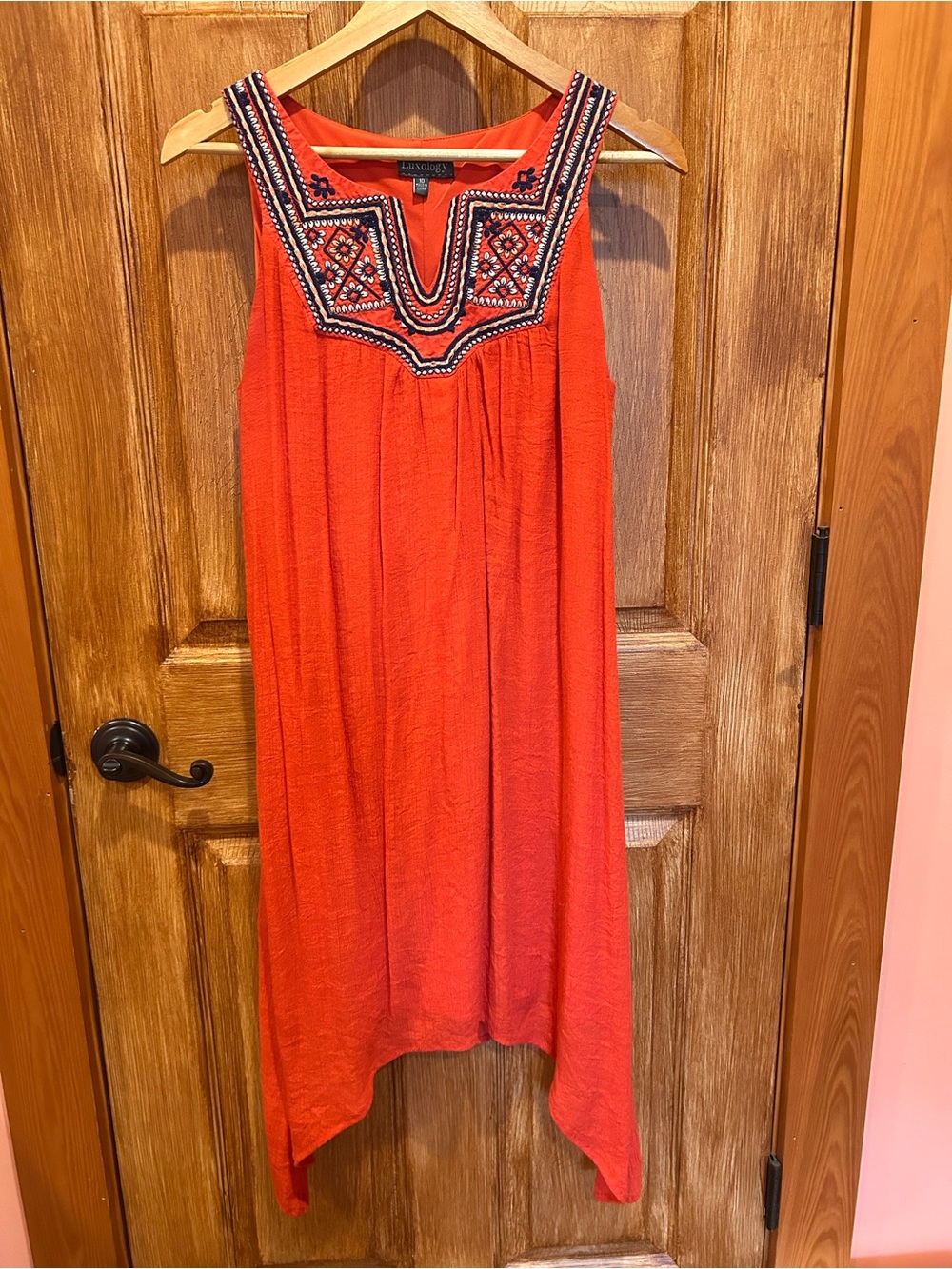 Luxology coral and Navy Sleeveless Embroidered Yoke Dress size 10